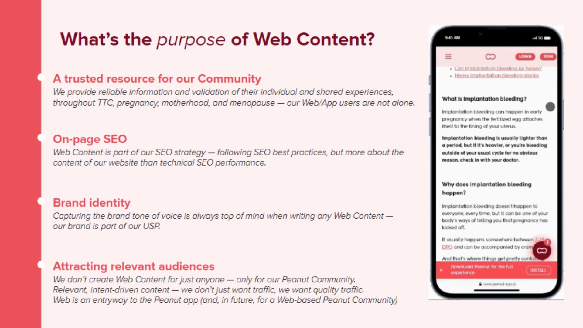 SEO Web Content strategy presentation snippet for C-Suite at Peanut App Ltd. 