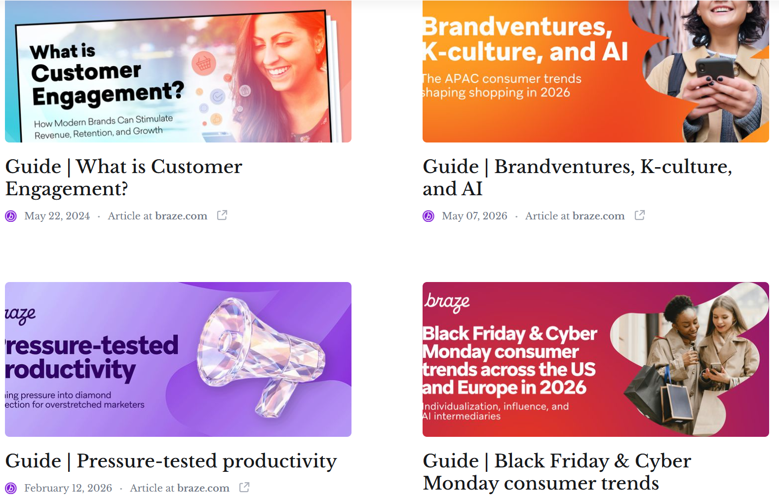 A handful of my customer engagement guides for Braze - check out the Braze page on my portfolio for more.