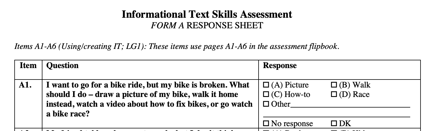 This flipbook-style assessment measures children's ability to use informational text skills to solve real-world problems.