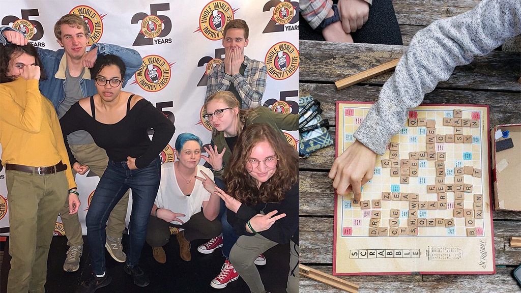 My improv troupe at our yearly comedy competition alongside a very serious Scrabble match.