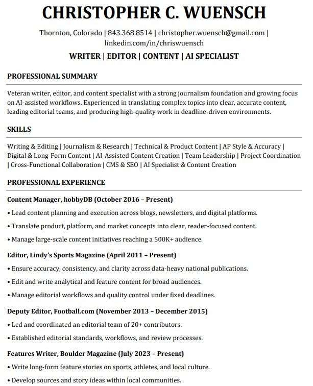 EDUCATION: Bachelor of Arts, Journalism – University of Arizona Minor in Business – University of Arizona Eller College of Management Reporter for The Tombstone Epitaph Associate of Arts, Business – Berkeley College (NJ) Phi Beta Kappa The Onion / Second City Chicago Online – Comedy & Satire Writing Courses CERTIFICATIONS Advanced Prompt Engineering for Everyone – Vanderbilt University Prompt Engineering for ChatGPT – Vanderbilt University AI Ethics in Business – Rutgers University AI Foundations for Everyone – IBM